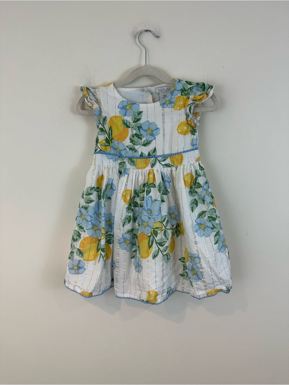Rachel Zoe Floral Lemon Print Kid's Dress White, Yellow & Blue Size 4